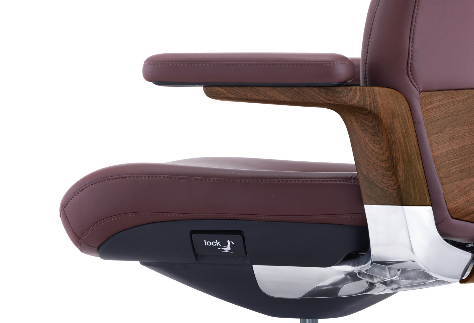Executive office chair material detail with full-grain leather and aluminium base