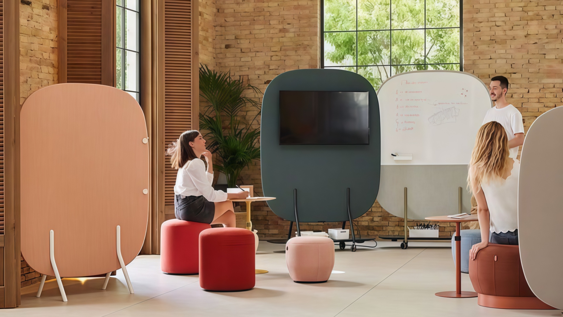 Acoustic panels on wheels that absorb sound while dividing space