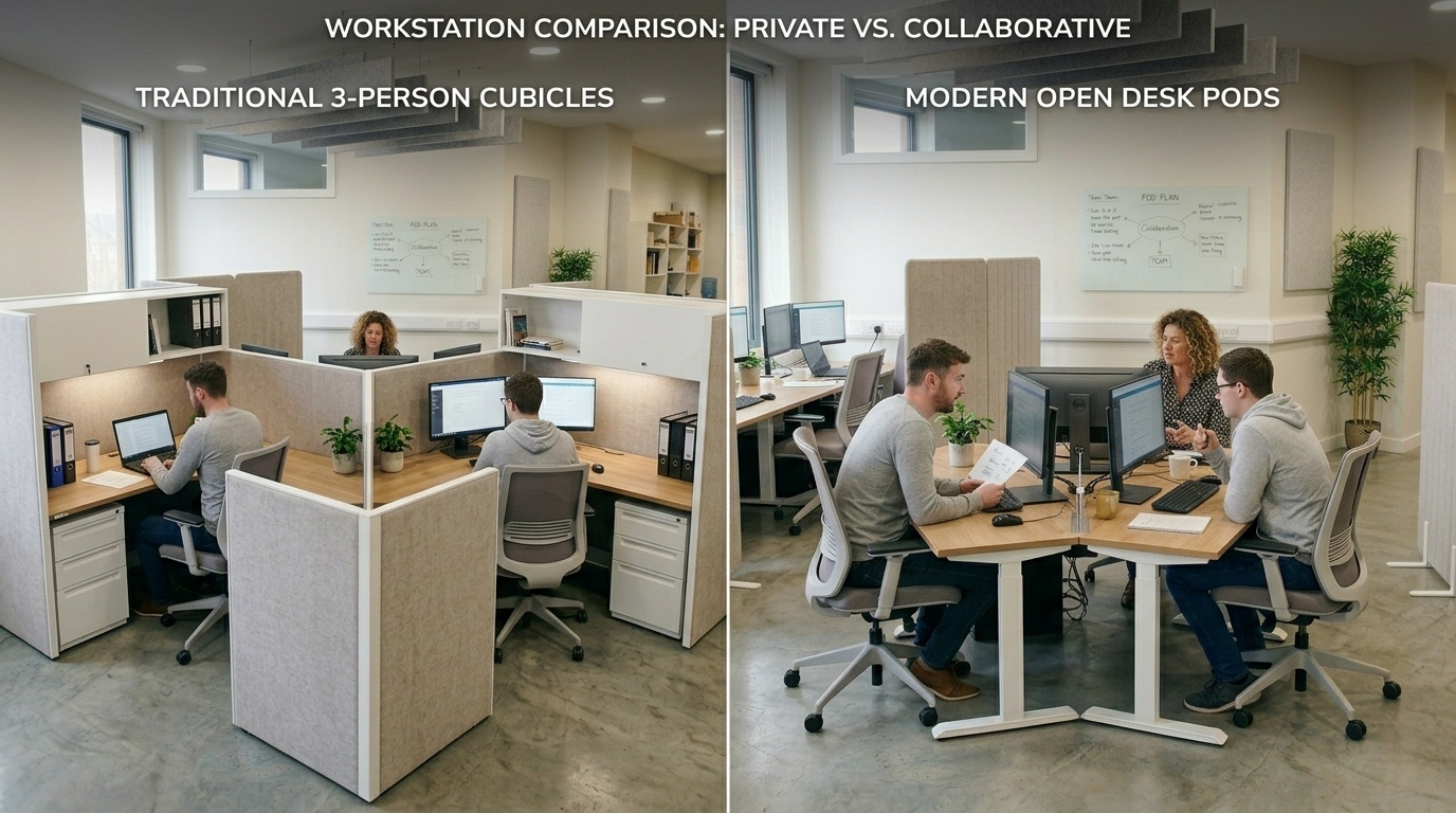 3-Person Office Cubicle Workstations vs. Open Desk Pods