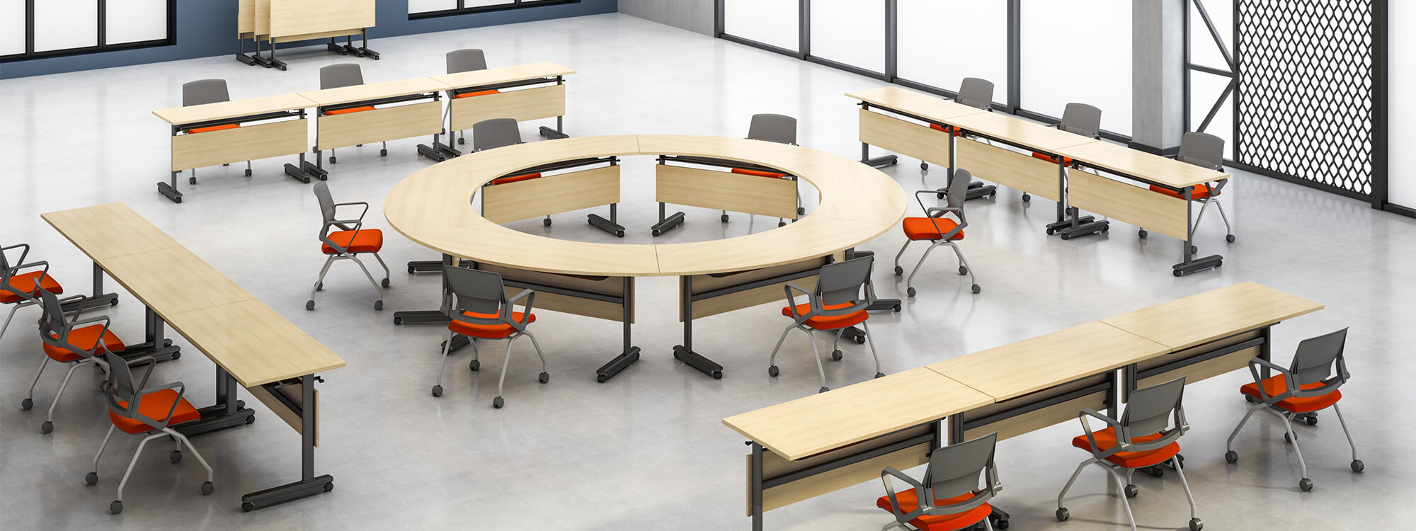 Can be composed of round and rectangular wooden training tables and movable desks