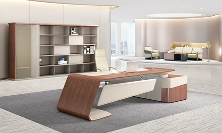 The CEO office set includes a walnut-colored L-shaped executive desk and a movable executive chair, with a large built-in bookcase behind it.