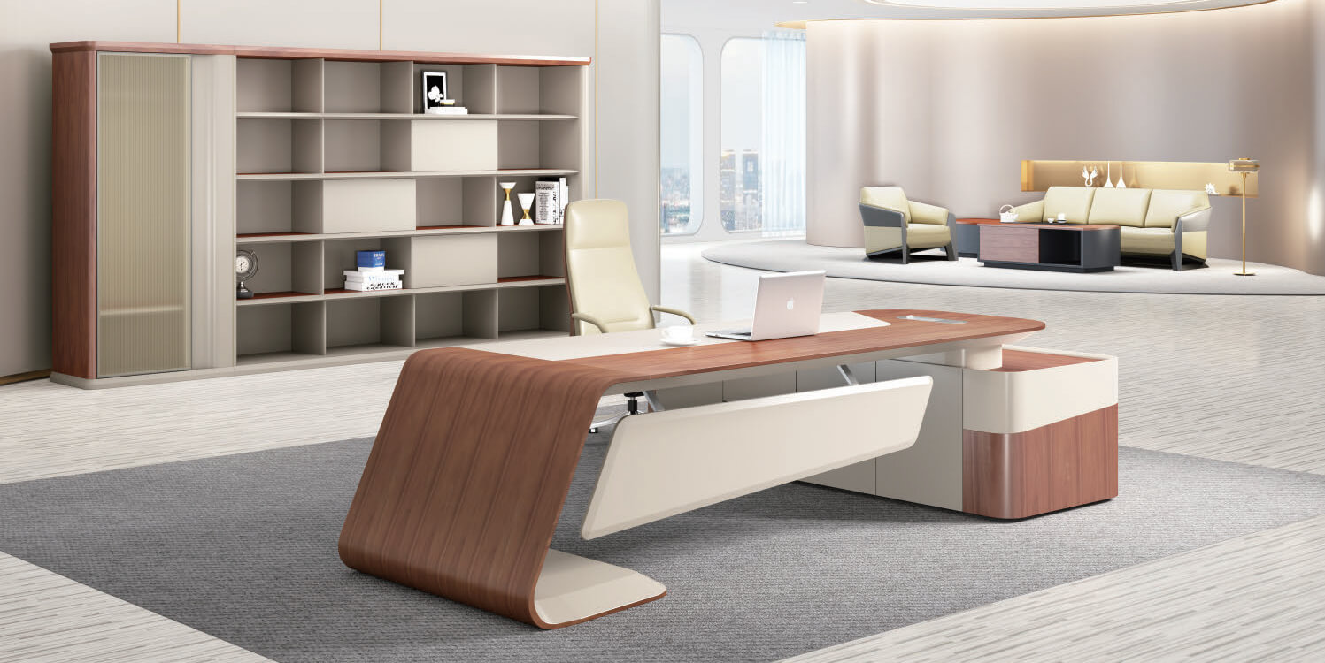 A panorama shows that a baffled executive desk next a movable executive chair,and to the side is a reception area.