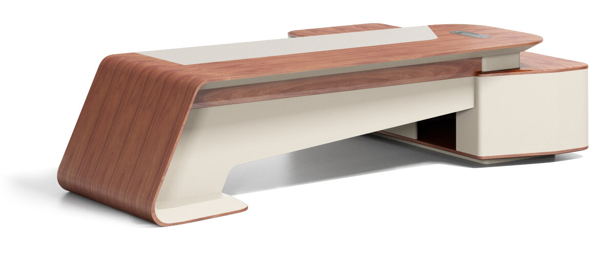 A walnut-colored L-shaped executive desk is on a white background.