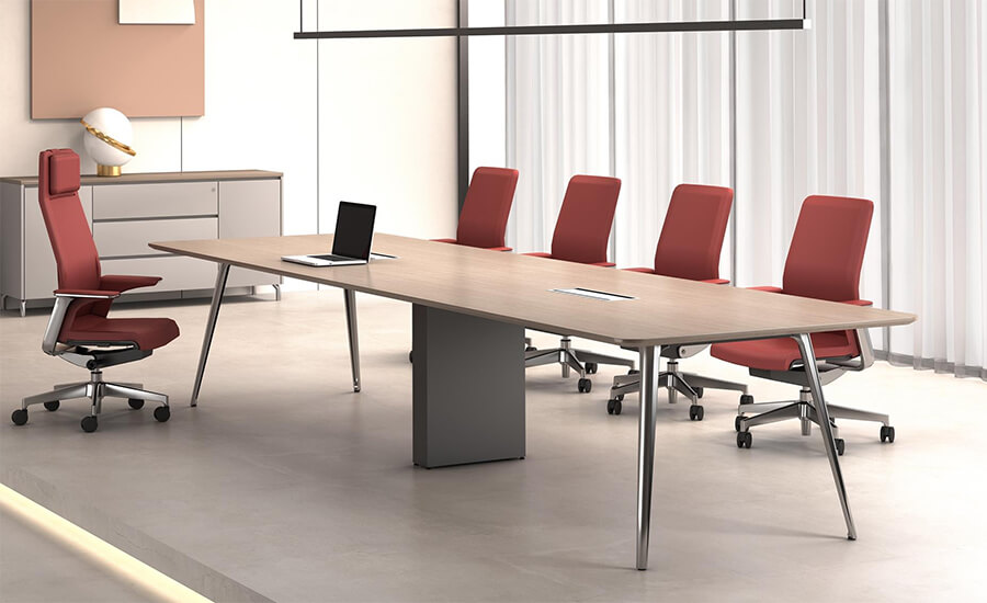 series modern meeting room table is composed of golden walnut wood and metal leg, creating a harmonious and modern space for distinguished guests.