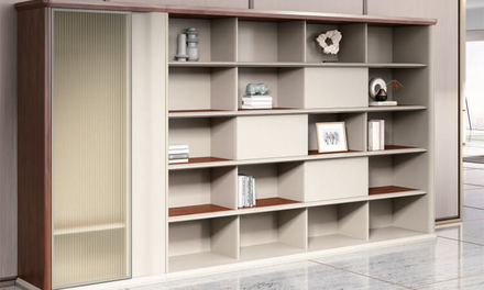 The luxurious bookcase has a lot of space for books and files.