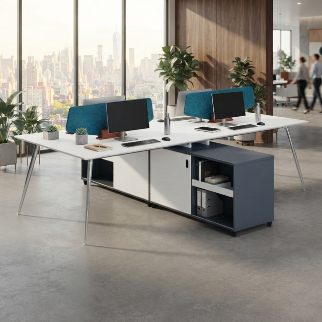 Bench Workstation 4 Person Modern Office Desk Storage