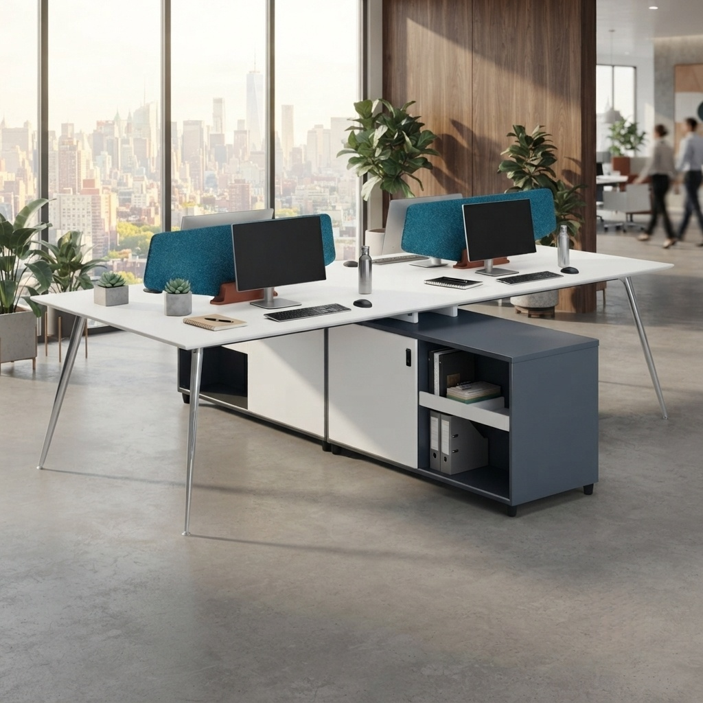 Bench Workstation 4 Person Modern Office Desk Storage