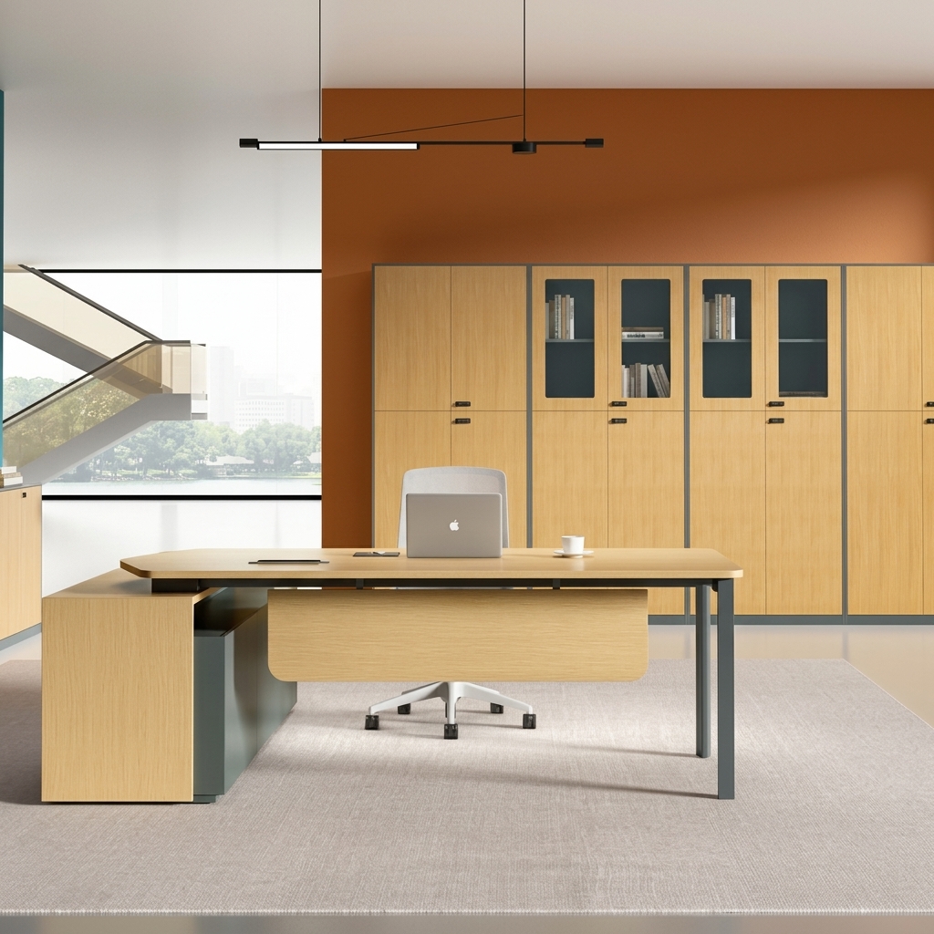Wood Grain Office Storage Cabinet Lockable Executive Credenza