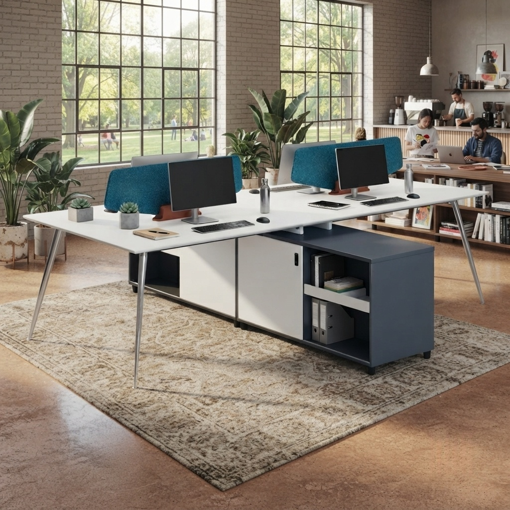 Bench Workstation 4 Person Modern Office Desk Storage