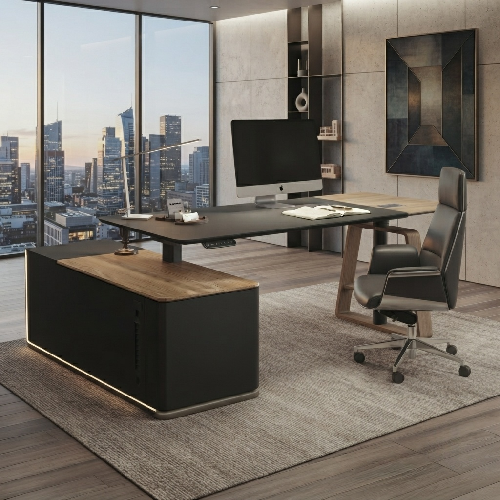 Standing Executive Desk Height Adjustable Wood Office Table