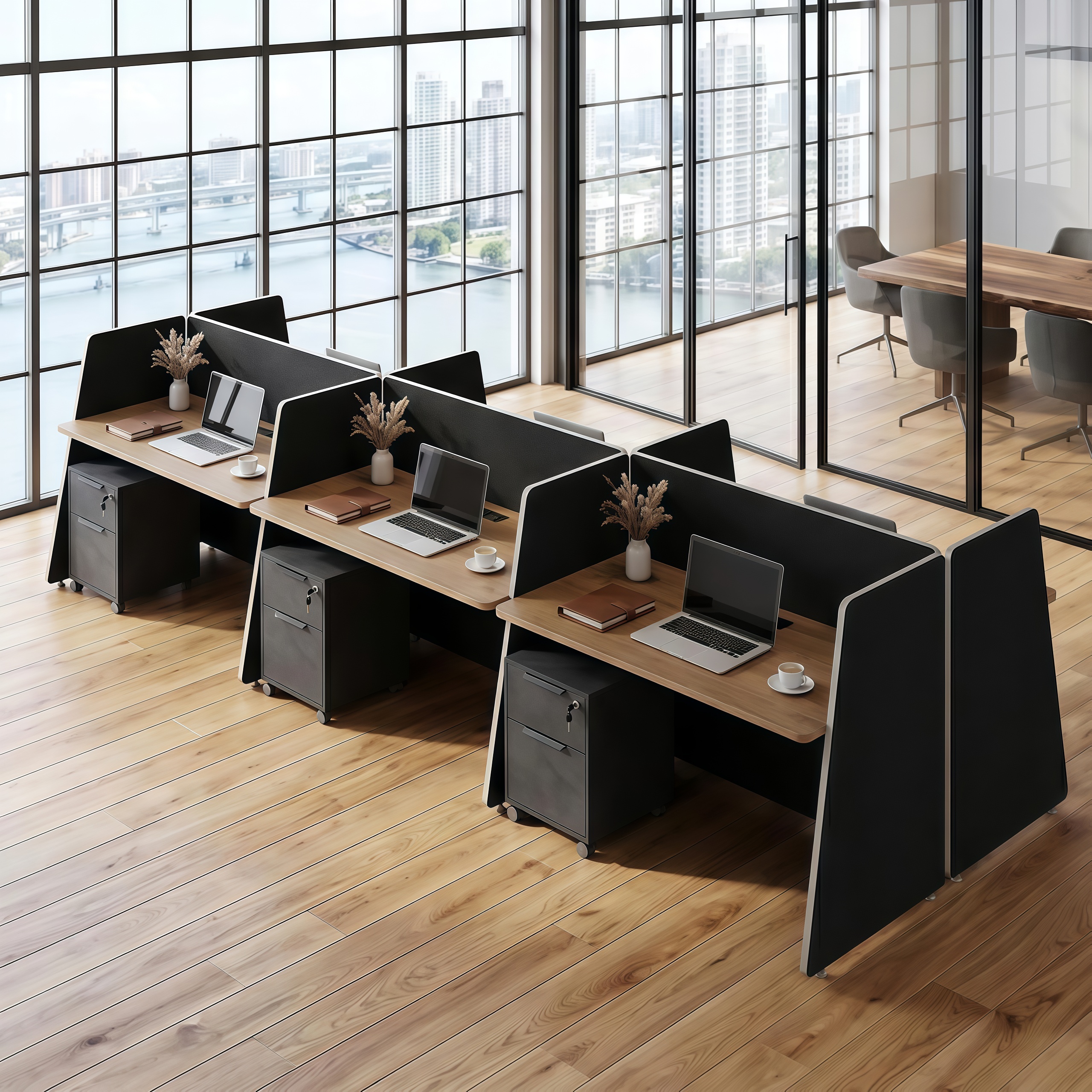 Office Cubicle Modern 4 Person Desk with Acoustic Divider